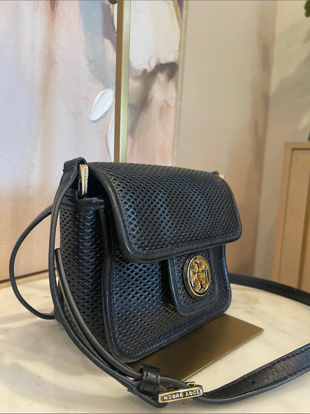 Tory Burch Black Perforated Leather Crossbody with Gold Logo